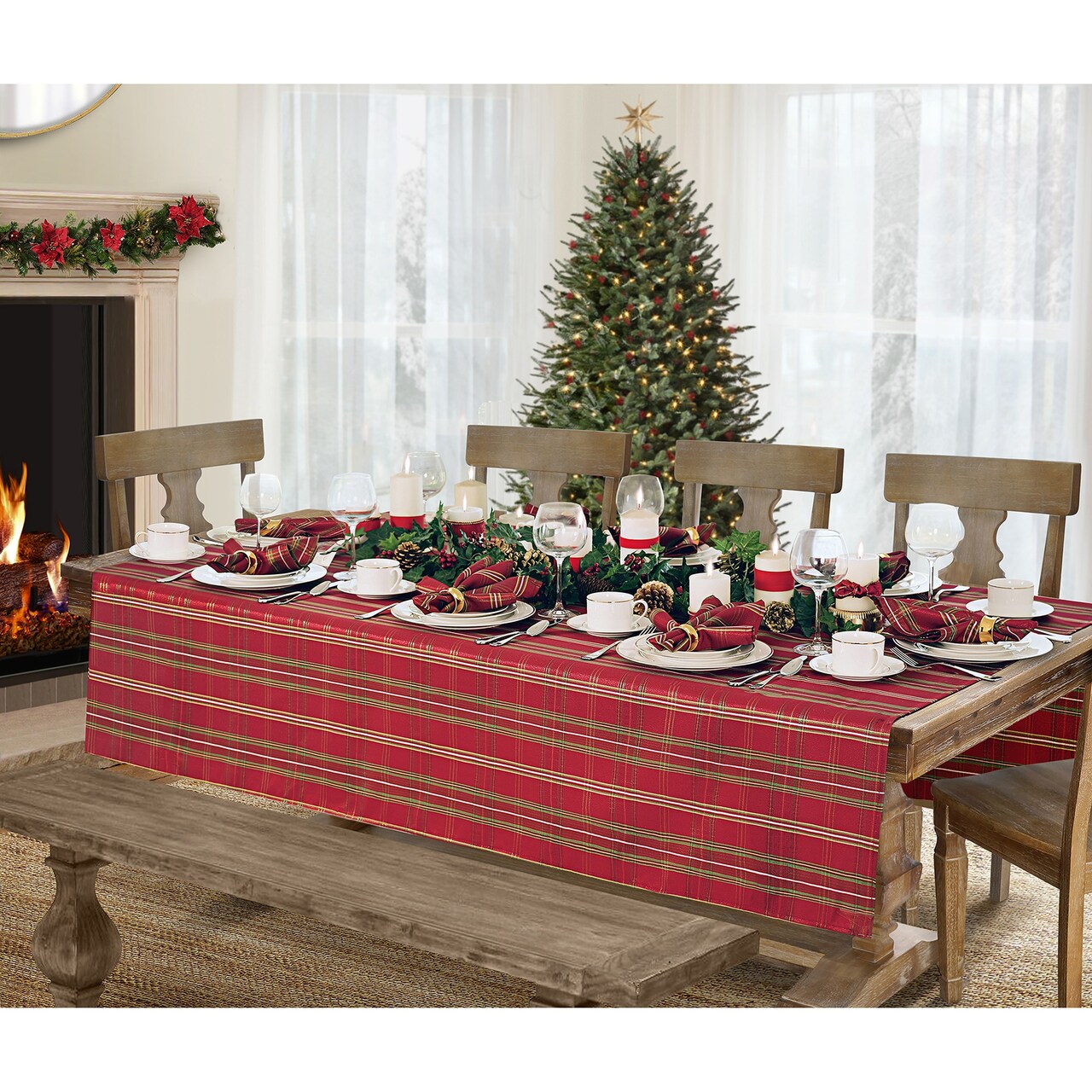 Threadmade Home Shimmering Plaid Tablecloth, Red/Green - 60"W x 84"L